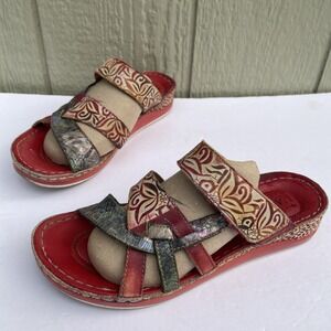 L'Artiste Sandals Womens US Size 7.5-8 /38 Red Caiman Artsy Bohemian Wedge Slide